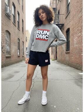 RUN DMC Grey Cropped Sweatshirt Black Shorts Set Streetwear